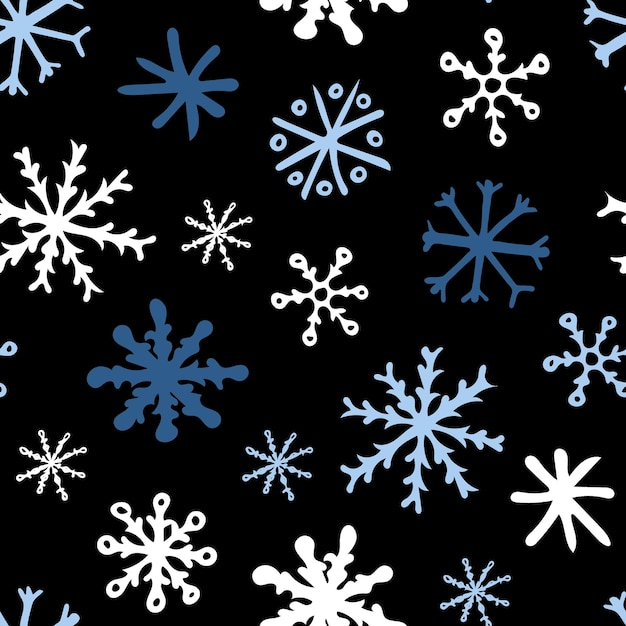 黒い背景の白と青の雪花のシームレスパターン 抽象的な手描きのドゥードル雪花