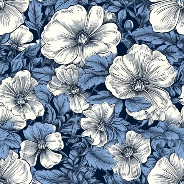 照片无缝模式与蓝色背景白色的花朵。
