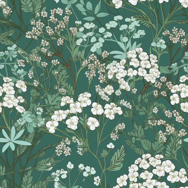 A seamless pattern with white flowers on a dark green background.