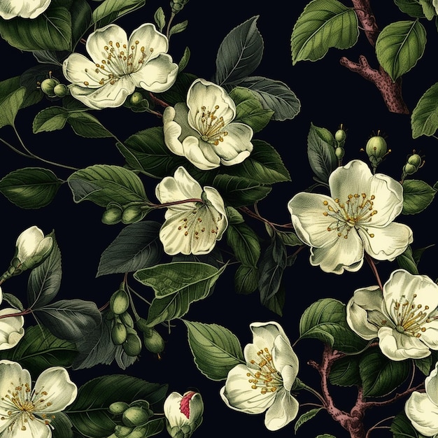 A seamless pattern with white flowers and green leaves on a dark background.