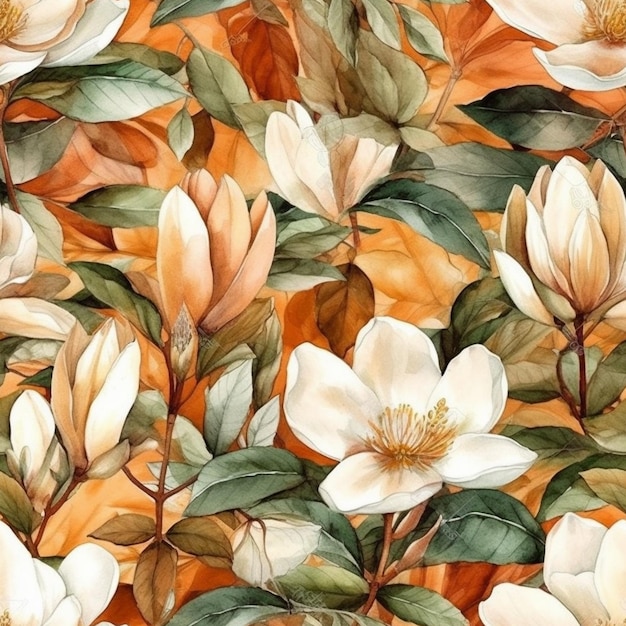 A seamless pattern with white flowers on a orange background.