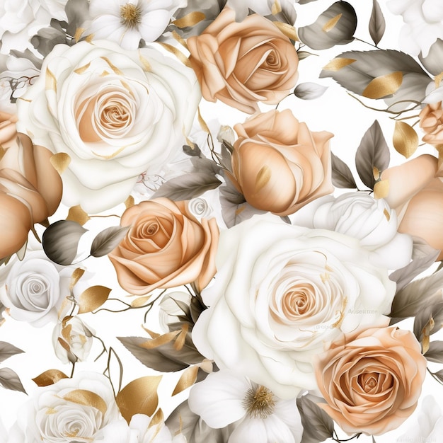 A seamless pattern with white and gold roses.