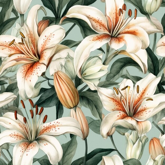 A seamless pattern with white and orange lilies on a light blue background.