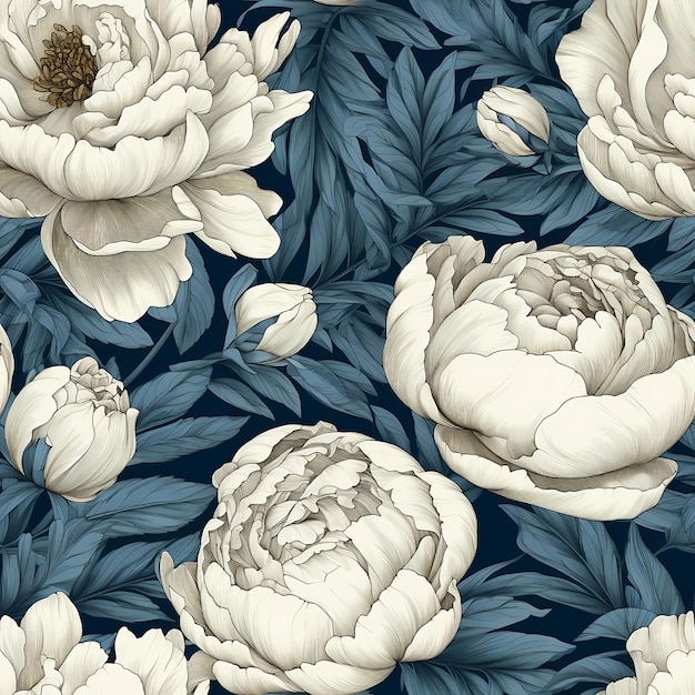 파란색 배경에 흰색 모란과 원활한 패턴