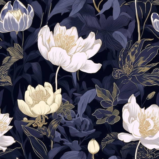 A seamless pattern with white peonies on a dark blue background.