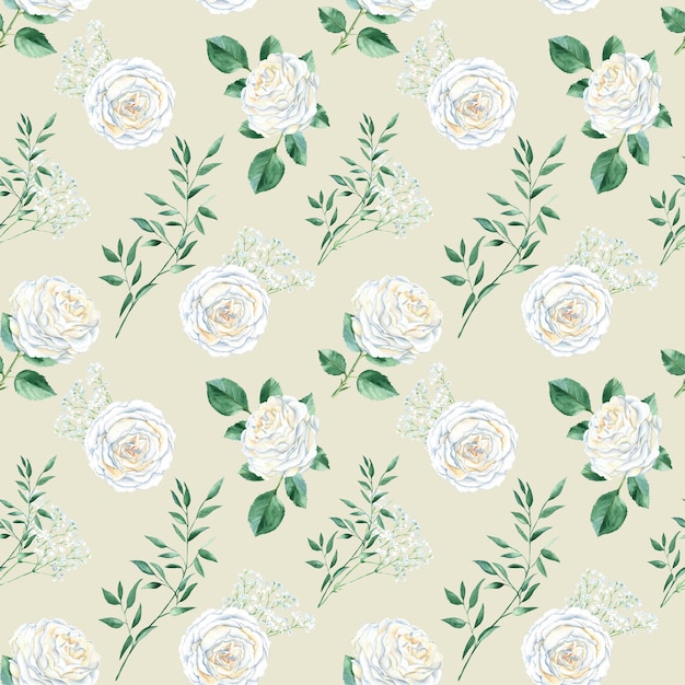 Photo seamless pattern with white roses gypsophila and pistachio branches watercolor illustration can be