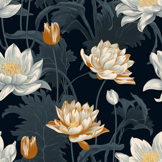 Seamless pattern with white and yellow flowers on a dark blue background