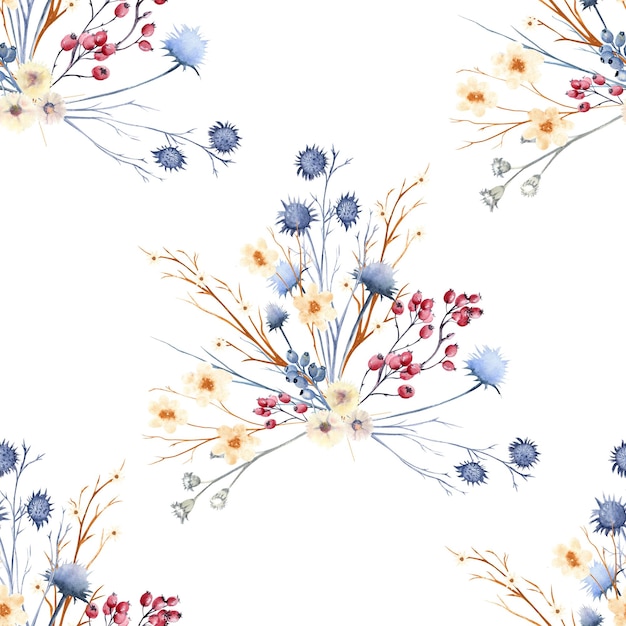야생 flovers 및 나뭇가지와 원활한 패턴 수채화 그림