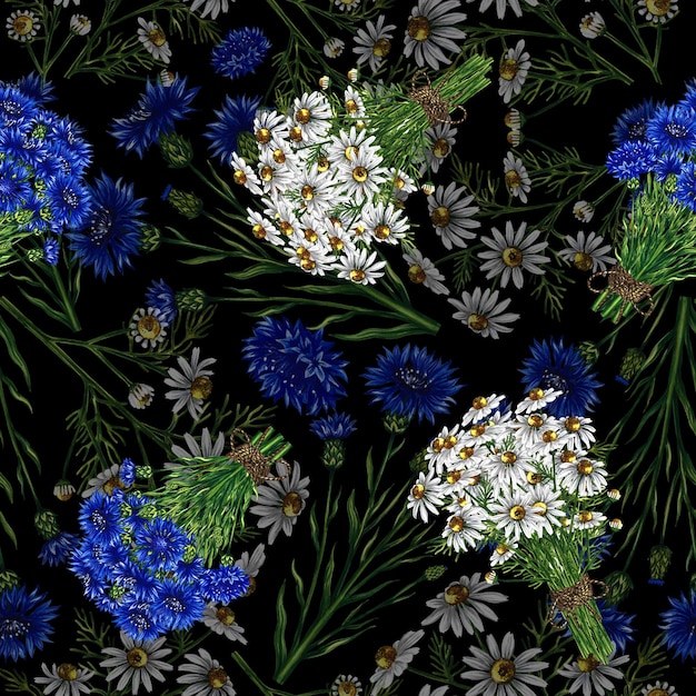 Foto modello senza cuciture con fiori di campo camomilla e fiordalisi illustrazione disegnata a mano acquerello