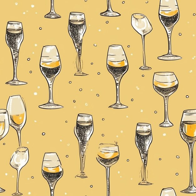 黄色の背景ベクトル アート イラストのワイングラスとのシームレスなパターン