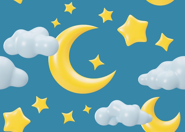 Seamless pattern with yellow 3D stars moons clouds on blue background Applicable for fabric print textile wallpaper Repeatable texture Cartoon style pattern for kids bedding clothes 3D