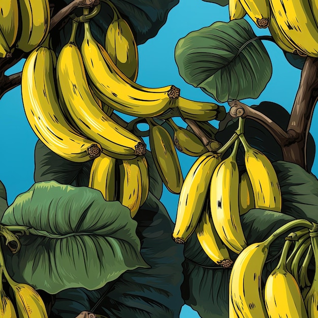 Foto disegno senza cuciture con banane gialle sui rami di palma con foglie verdi su uno sfondo blu