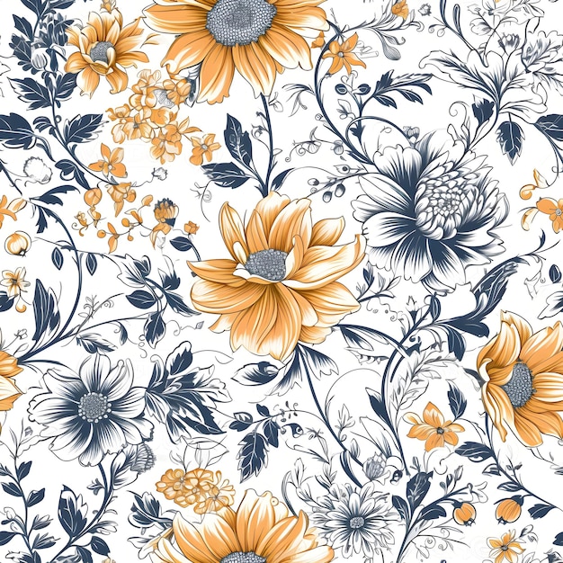 A seamless pattern with yellow and blue flowers and leaves.