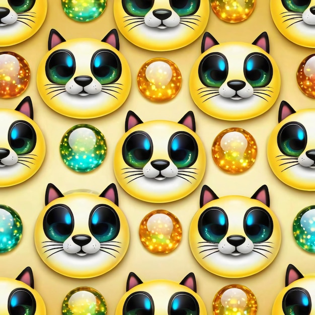 Seamless pattern with yellow cat faces with yellow eyes illustration