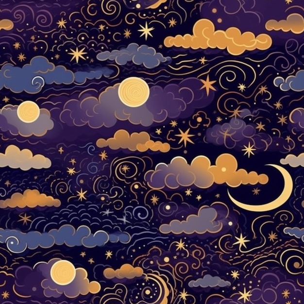 Seamless pattern with yellow clouds and the moon and stars on a dark purple background.