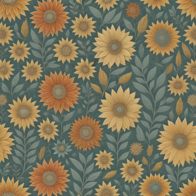 Photo seamless pattern with yellow flowers on a dark green background.