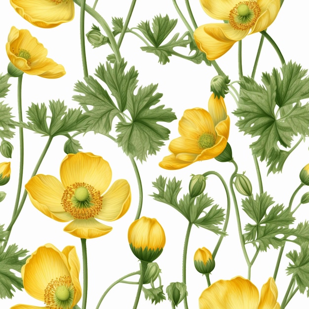 A seamless pattern with yellow flowers and green leaves.