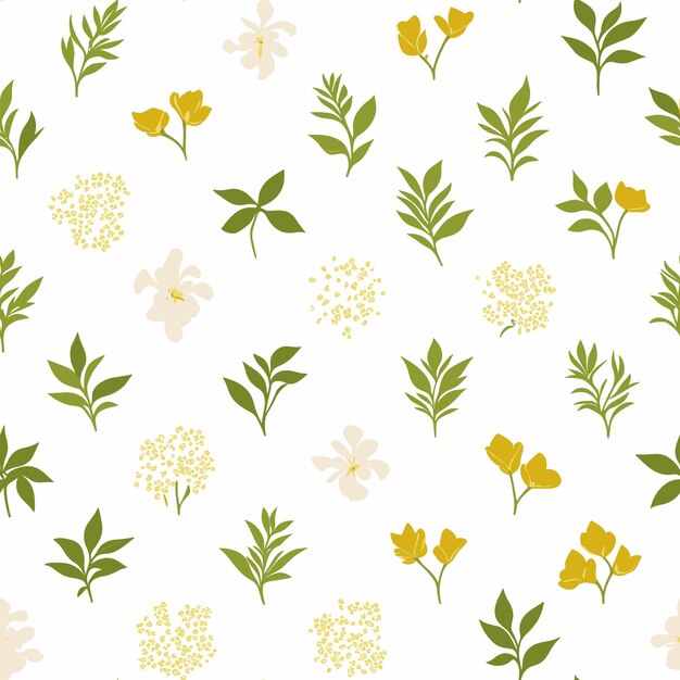 Seamless pattern with yellow flowers and leaves on white background