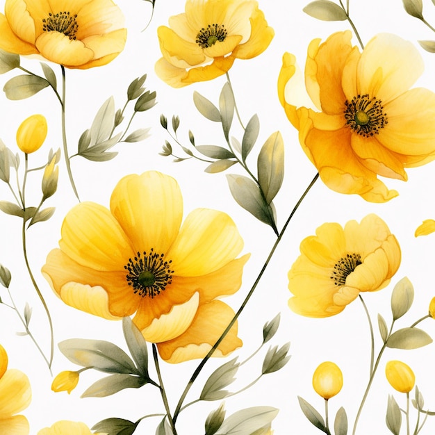 a seamless pattern with yellow flowers and leaves