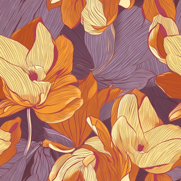 Seamless pattern with yellow and orange flowers on a dark background