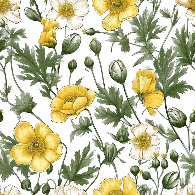 Photo seamless pattern with yellow poppies on a white background.