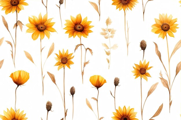 Seamless pattern with Yellow Sunflowers on white background