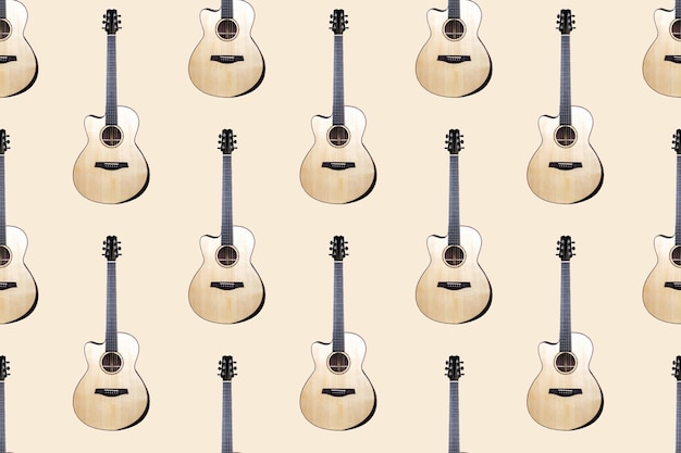 Seamless pattern of wood texture of lower deck of six strings acoustic guitar on light background