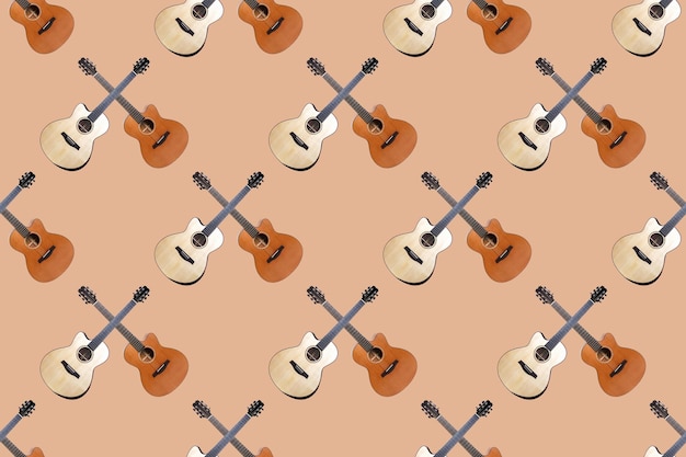 Seamless pattern of wood texture of lower deck of six strings acoustic guitar on orange background