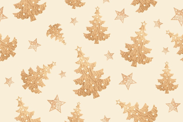 Seamless pattern of a wooden Christmas tree and stars on a light beige background