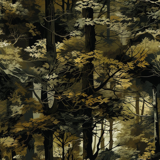 Бесшовный узор Лесной камуфляж Классический узор в зеленых и коричневых тонах, разработанный для лесной среды, созданный искусственным интеллектом.
