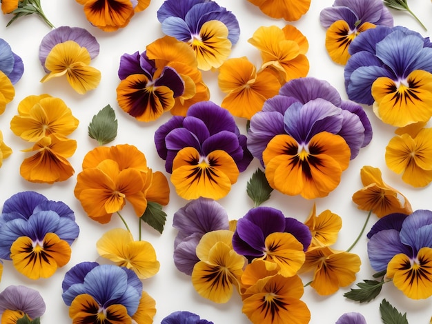 Seamless pattern of yellow blue violet and orange Pansy on white background