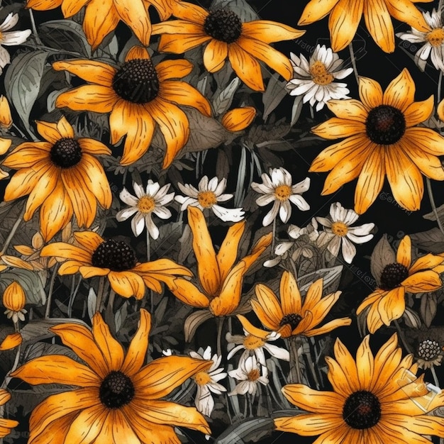 A seamless pattern of yellow and white sunflowers on a black background.