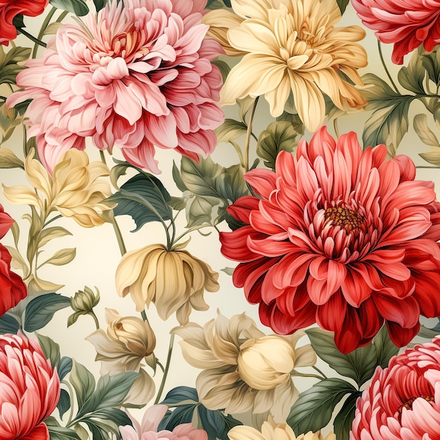 Seamless pattern of Zinnia flowers vintage style AI generated