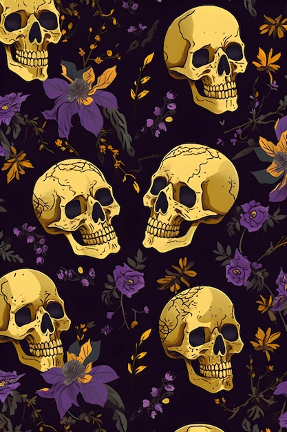 Seamless patterns of highly detailed gold skulls generative ai