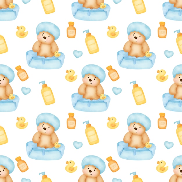 Seamless patterns with cute teddy bear take a shower