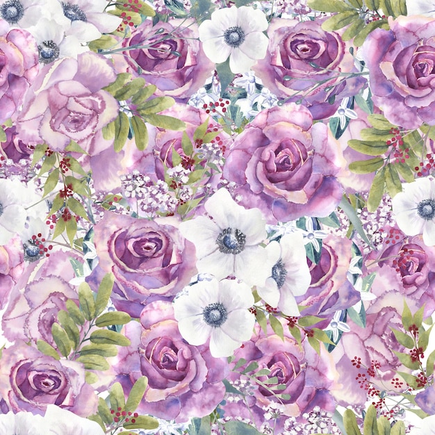 Modelli senza cuciture con rose viola e anemoni su uno sfondo bianco isolato acquerello disegnato a mano