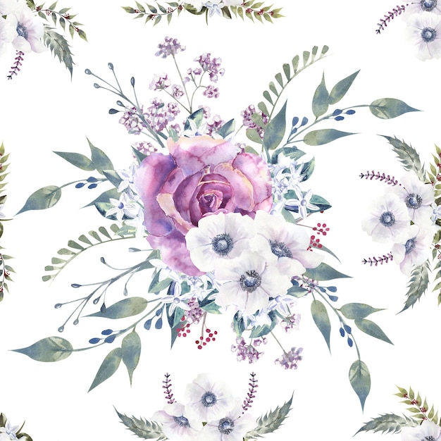 白い孤立した背景の手描きの水彩画に紫色のバラとアネモネとのシームレスなパターン