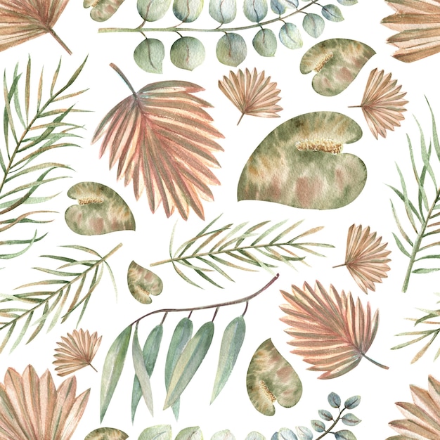 Seamless patterns with tropical leaves in boho style on a white isolated background. Watercolor illustration.