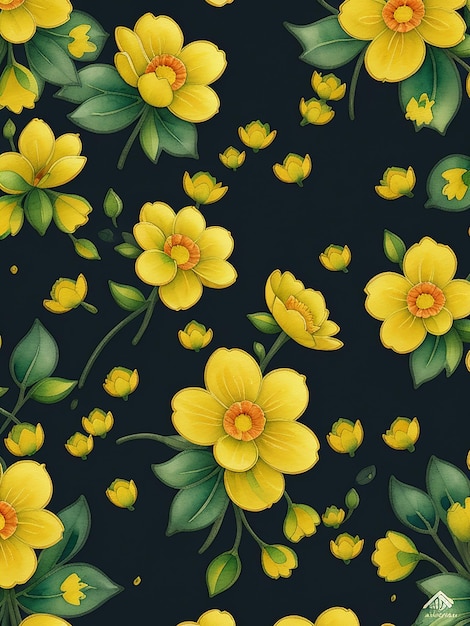 Seamless patterns yellow flowers watercolor digital print isometric flat and dark background