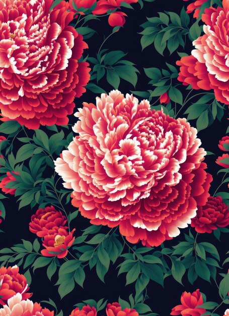 Seamless peony flowers and leaves pattern flat design