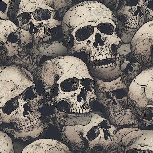 Seamless Pile of Skulls in a HandDrawn Grungy Look Illustration