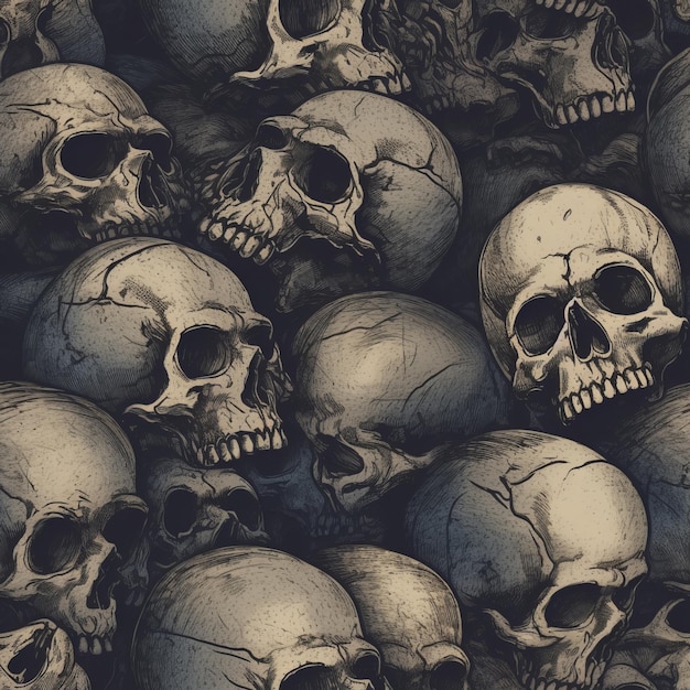 Seamless Pile of Skulls in a HandDrawn Grungy Look Illustration