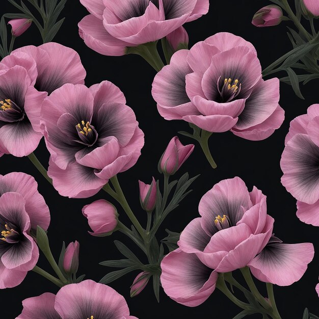 Фото seamless pink eustoma russellianum flowers pattern on black background