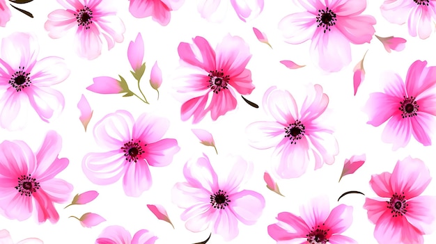 seamless pink floral water color pattern on white background