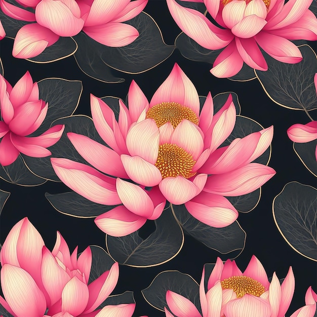 seamless pink lotus flower and leave pattern background AI Generated