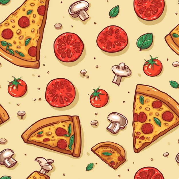 Photo seamless pizza pattern with different types of pizzas and mushrooms generative ai