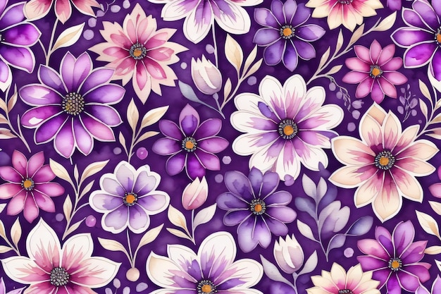 Seamless purple flowers and leaves floral pattern on a white background generative ai