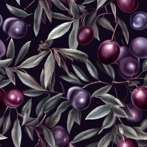 Seamless purple plum pattern on dark background