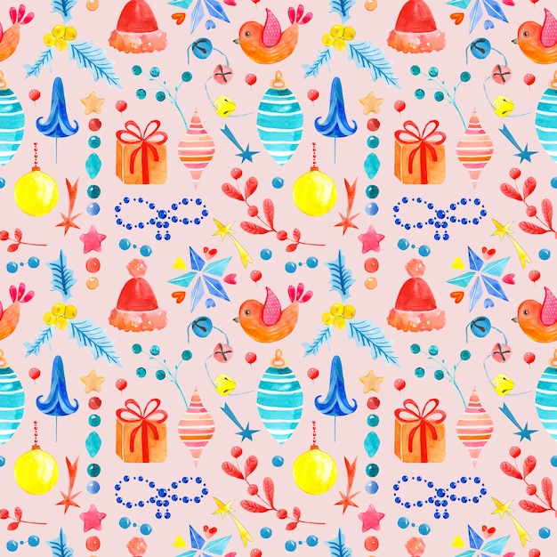 Foto seamless pattern acquerello raster di simboli natalizi