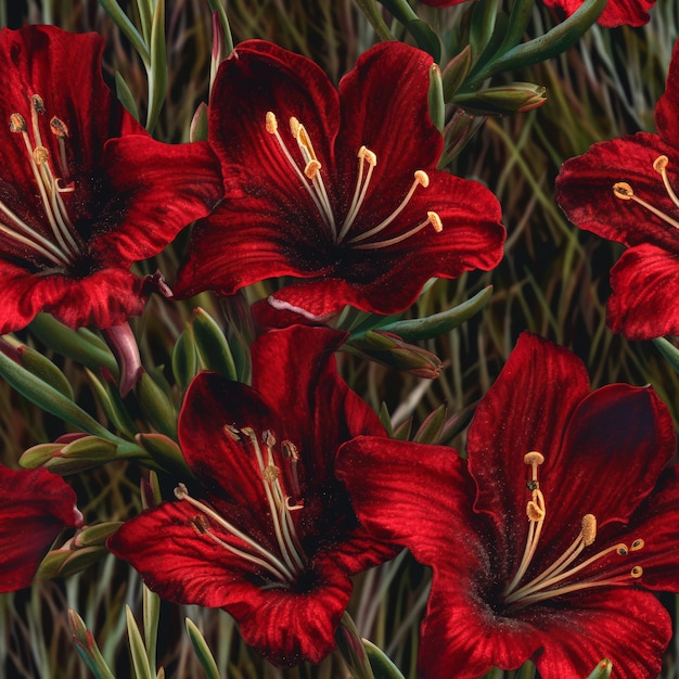 Photo seamless red lily flowers illustration pattern on black background wedding wallpaper design